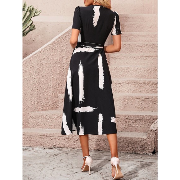 minimalist Brush Print Knot Side Wrap midi Dress black white - Picture 4 of 12